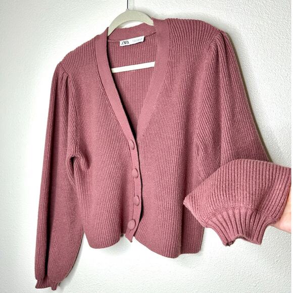 ZARA Mauve Balloon Sleeve V-Neck Cropped Button Chunky Knit Cardigan Sweater M - Picture 4 of 11